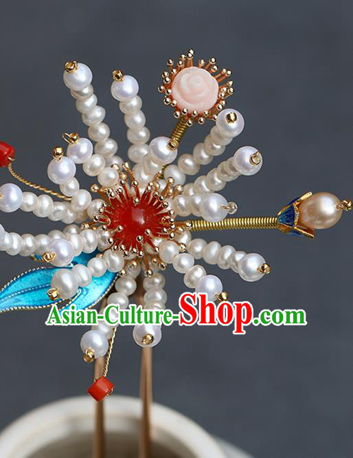 Chinese Classical Palace Beads Chrysanthemum Hair Stick Handmade Hanfu Hair Accessories Ancient Ming Dynasty Princess Agate Hairpins