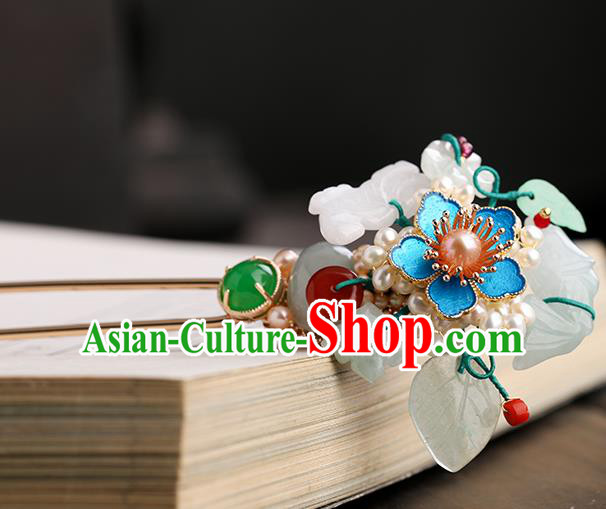 Chinese Classical Palace Jade Hair Stick Handmade Hanfu Hair Accessories Ancient Ming Dynasty Princess Blueing Plum Hairpins