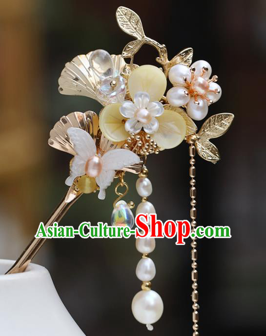 Chinese Classical Palace Pearls Tassel Hair Stick Handmade Hanfu Hair Accessories Ancient Ming Dynasty Princess Shell Butterfly Hairpins