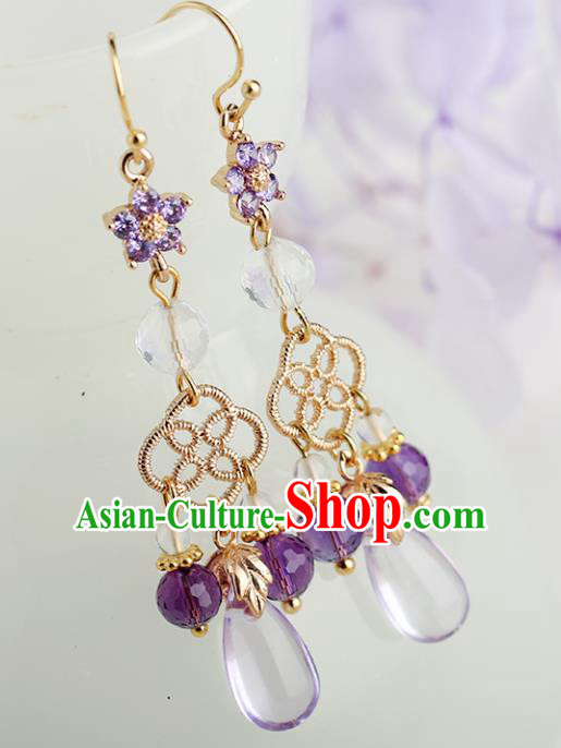 Chinese Handmade Purple Beads Earrings Classical Ear Accessories Hanfu Ming Dynasty Princess Tassel Eardrop