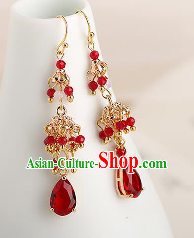 Chinese Handmade Red Beads Earrings Classical Ear Accessories Hanfu Ming Dynasty Princess Crystal Tassel Eardrop