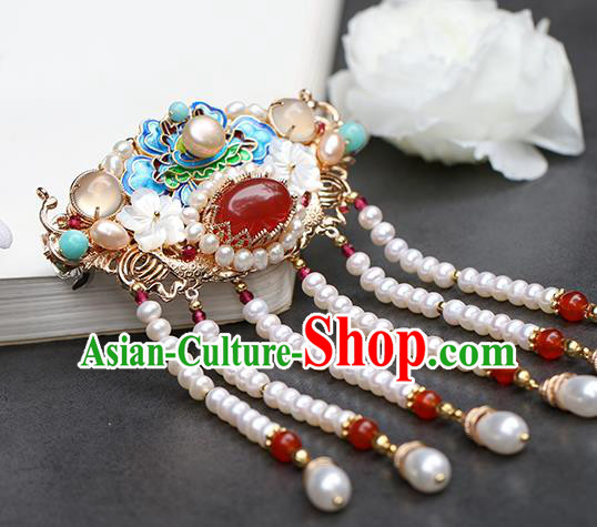 Chinese Classical Palace Blueing Peony Hair Crown Handmade Hanfu Hair Accessories Ancient Qing Dynasty Princess Beads Tassel Hairpins