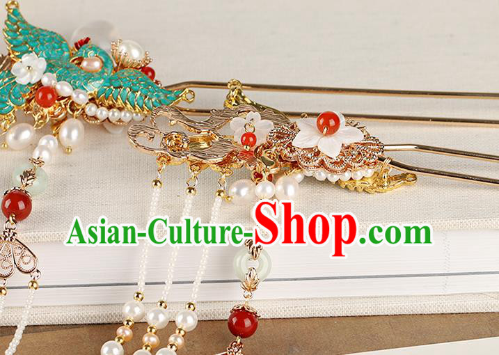 Chinese Classical Palace Pearls Hair Stick Handmade Hanfu Hair Accessories Ancient Ming Dynasty Empress Blueing Crane Hairpins