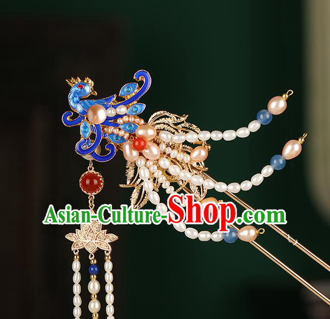 Chinese Classical Palace Pearls Hair Stick Handmade Hanfu Hair Accessories Ancient Qing Dynasty Princess Blueing Phoenix Hairpins