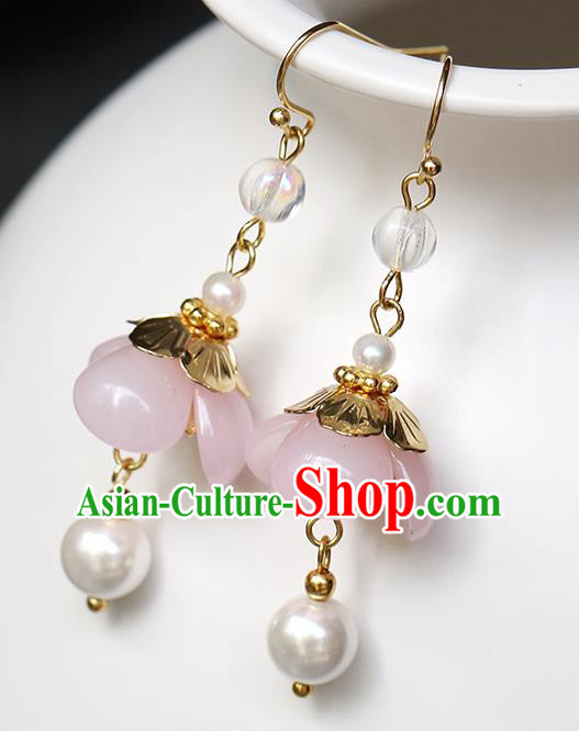 Chinese Handmade Pink Flower Earrings Classical Ear Accessories Hanfu Qing Dynasty Princess Eardrop
