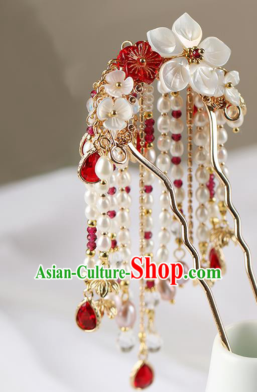 Chinese Classical Palace Pearls Tassel Hair Stick Handmade Hanfu Hair Accessories Ancient Ming Dynasty Empress Shell Plum Hairpins