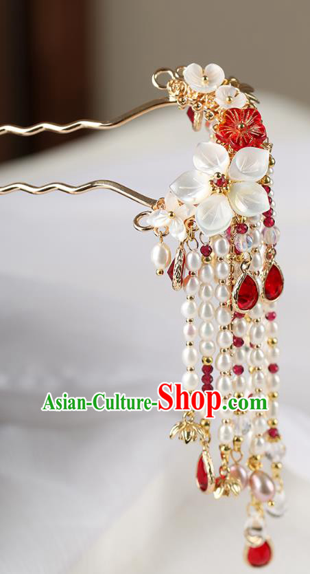 Chinese Classical Palace Pearls Tassel Hair Stick Handmade Hanfu Hair Accessories Ancient Ming Dynasty Empress Shell Plum Hairpins