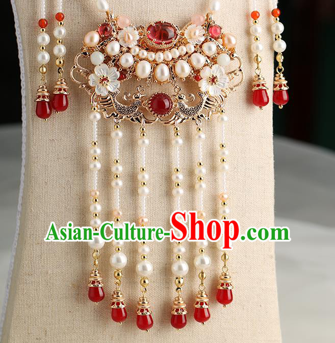 Chinese Handmade Red Agate Tassel Necklet Classical Jewelry Accessories Ancient Ming Dynasty Princess Hanfu Pearls Necklace for Women