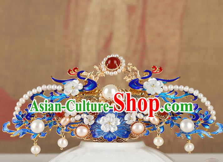 Chinese Classical Palace Blueing Phoenix Peony Hair Crown Handmade Hanfu Hair Accessories Ancient Qing Dynasty Princess Agate Pearls Hairpins