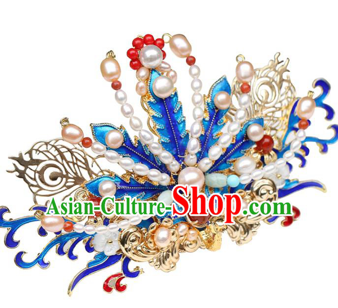 Chinese Classical Palace Blueing Phoenix Hair Crown Handmade Hanfu Hair Accessories Ancient Ming Dynasty Empress Gems Pearls Hairpins