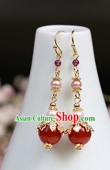 Chinese Handmade Agate Earrings Classical Ear Accessories Hanfu Qing Dynasty Princess Pearl Eardrop