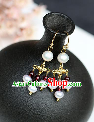 Chinese Handmade Earrings Classical Ear Accessories Hanfu Qing Dynasty Princess Garnet Beads Eardrop