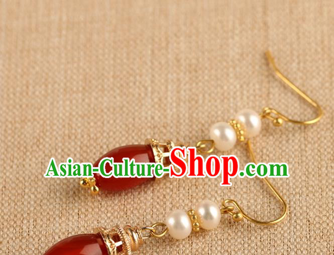 Chinese Handmade Pearl Earrings Classical Ear Accessories Hanfu Qing Dynasty Princess Red Agate Eardrop