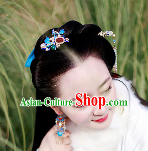 Chinese Classical Palace Pearls Blueing Hair Stick Handmade Hanfu Hair Accessories Ancient Ming Dynasty Empress Gems Hairpins
