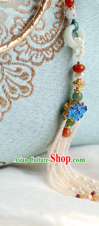 Chinese Handmade Classical Blueing Lotus Pendant Jewelry Accessories Ancient Ming Dynasty Hanfu Jade Pearls Tassel Brooch for Women