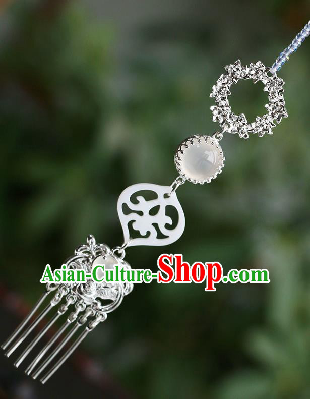Chinese Classical Palace Argent Hair Comb Handmade Hanfu Hair Accessories Ancient Ming Dynasty Princess Chalcedony Shell Hairpins