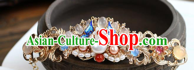 Chinese Classical Palace Gems Hair Stick Handmade Hanfu Hair Accessories Ancient Ming Dynasty Princess Chalcedony Hair Crown Hairpins