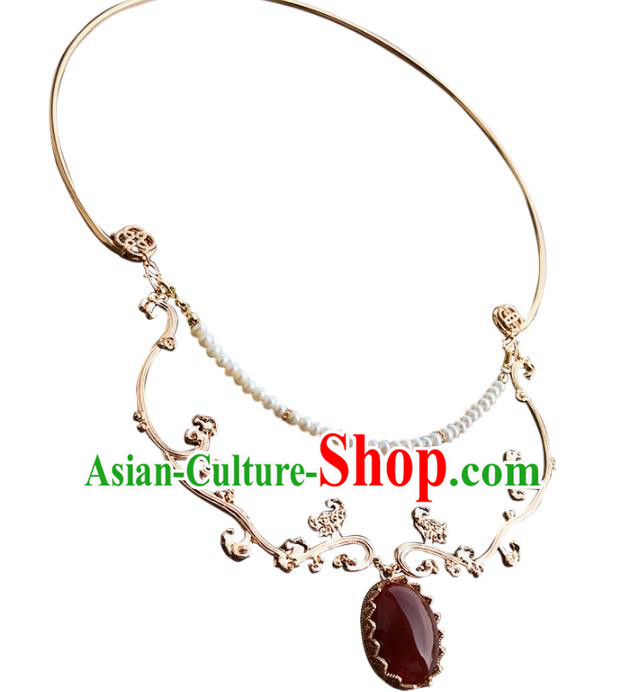Chinese Handmade Hanfu Agate Golden Necklet Classical Jewelry Accessories Ancient Ming Dynasty Princess Pearls Necklace for Women