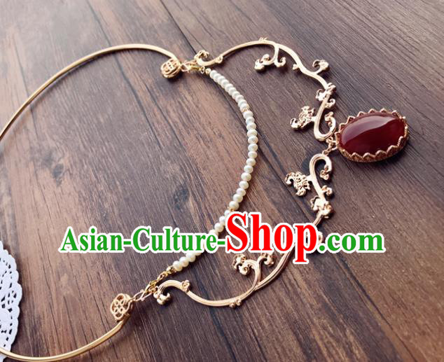 Chinese Handmade Hanfu Agate Golden Necklet Classical Jewelry Accessories Ancient Ming Dynasty Princess Pearls Necklace for Women