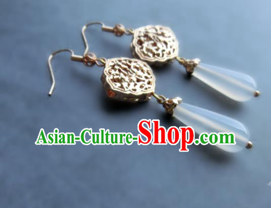 Chinese Handmade White Chalcedony Earrings Classical Ear Accessories Hanfu Ming Dynasty Princess Golden Eardrop