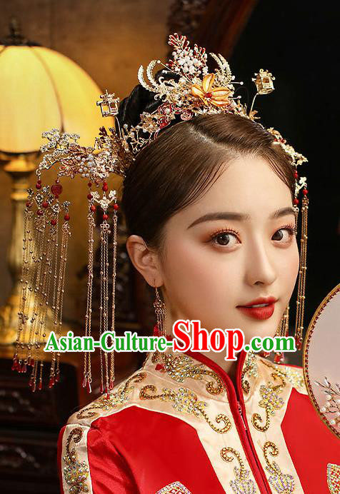 Chinese Classical Wedding Silk Flower Phoenix Coronet Handmade Hair Accessories Ancient Bride Hairpins Tassel Hair Crown Complete Set