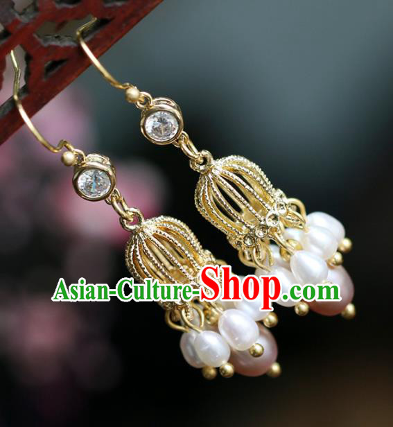 Chinese Handmade Golden Earrings Classical Ear Accessories Hanfu Ming Dynasty Princess Zircon Eardrop