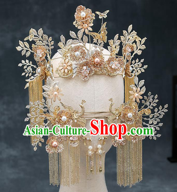 Chinese Classical Wedding Tassel Phoenix Coronet Handmade Hair Accessories Ancient Bride Golden Hair Crown Hairpins Complete Set