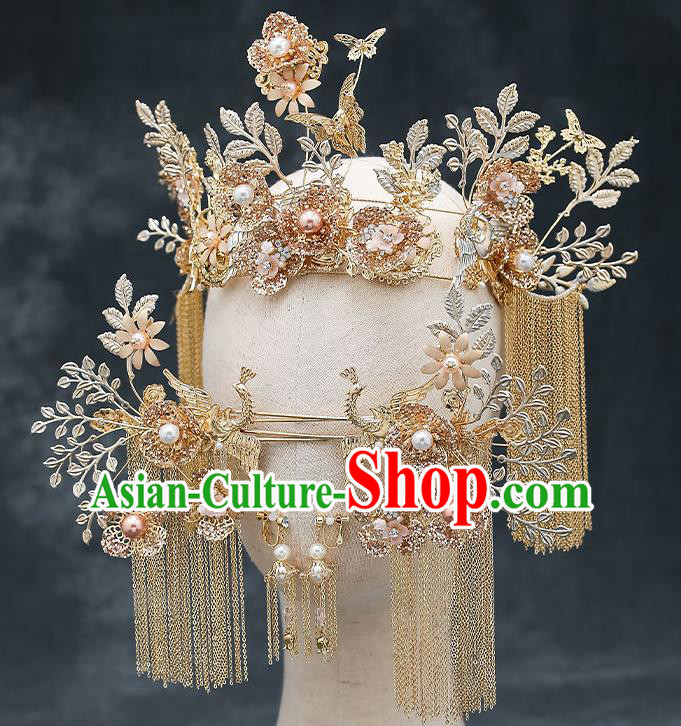 Chinese Classical Wedding Tassel Phoenix Coronet Handmade Hair Accessories Ancient Bride Golden Hair Crown Hairpins Complete Set