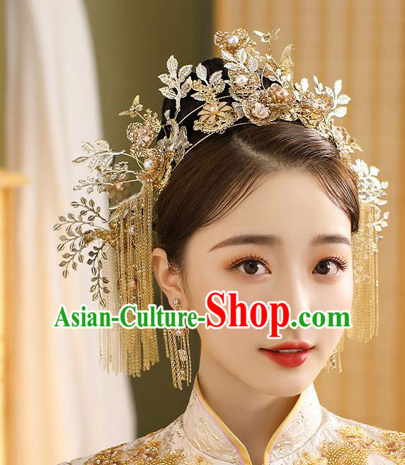 Chinese Classical Wedding Golden Butterfly Plum Hair Crown Handmade Hair Accessories Ancient Bride Tassel Hairpins Complete Set