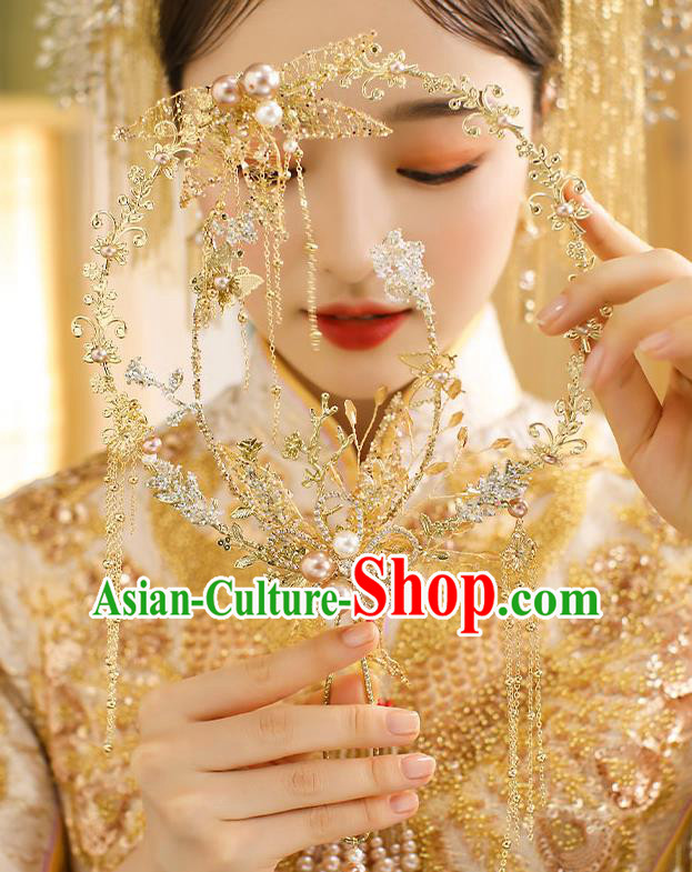 Chinese Handmade Wedding Golden Tassel Palace Fans Classical Fans Ancient Bride Crystal Round Fans