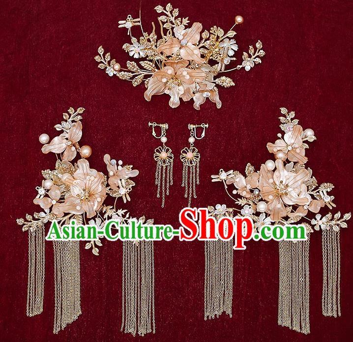Chinese Classical Wedding Flowers Hair Crown Handmade Hair Accessories Ancient Bride Golden Tassel Hairpins Complete Set