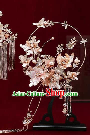 Chinese Handmade Wedding Flowers Palace Fans Classical Fans Ancient Bride Crystal Tassel Round Fans