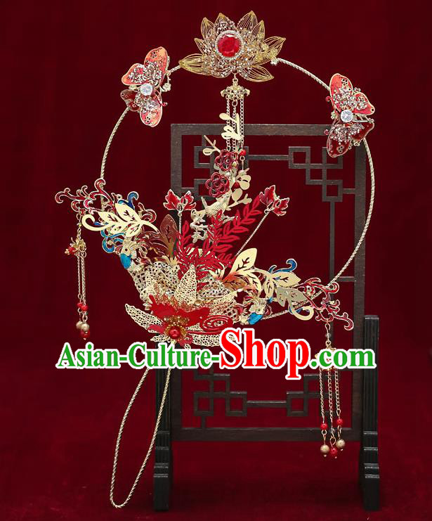 Chinese Handmade Wedding Golden Lotus Palace Fans Classical Fans Ancient Bride Red Butterfly Round Fans