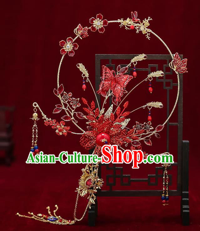 Chinese Handmade Wedding Red Butterfly Palace Fans Classical Fans Ancient Bride Tassel Round Fans