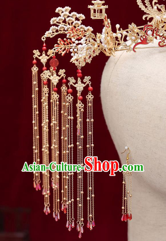 Chinese Classical Wedding Yellow Silk Flowers Hair Crown Handmade Hair Accessories Ancient Bride Tassel Hairpins Phoenix Coronet Complete Set