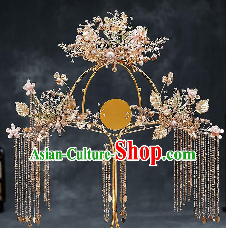 Chinese Classical Wedding Hair Crown Handmade Hair Accessories Ancient Bride Tassel Hairpins Golden Phoenix Coronet Complete Set