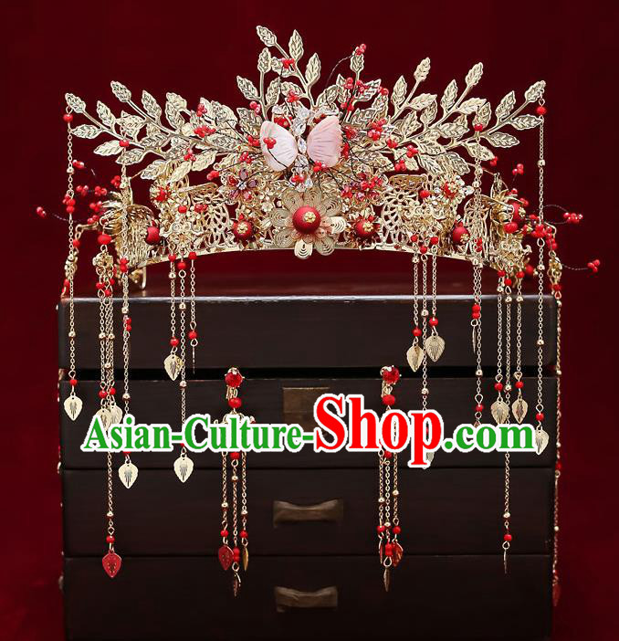 Chinese Classical Wedding Pink Shell Butterfly Hair Crown Handmade Hair Accessories Ancient Bride Tassel Hairpins Phoenix Coronet Complete Set