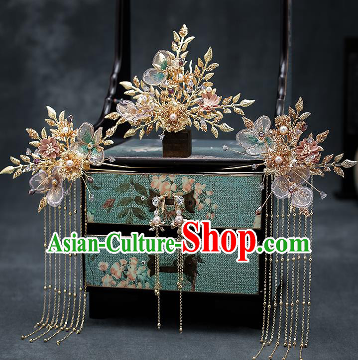 Chinese Classical Wedding Golden Hair Comb Handmade Hair Accessories Ancient Bride Hairpins Hair Crown Complete Set