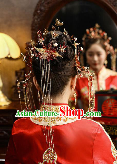 Chinese Classical Wedding Red Leaf Hair Crown Handmade Hair Accessories Ancient Bride Tassel Hairpins Complete Set
