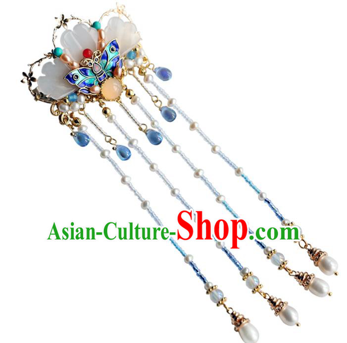 Chinese Classical Palace Blue Beads Tassel Hair Stick Handmade Hanfu Hair Accessories Ancient Qing Dynasty Princess Blueing Butterfly Hairpins