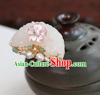 Chinese Classical Palace White Jade Hair Crown Handmade Hanfu Hair Accessories Ancient Ming Dynasty Princess Pearls Hairpins