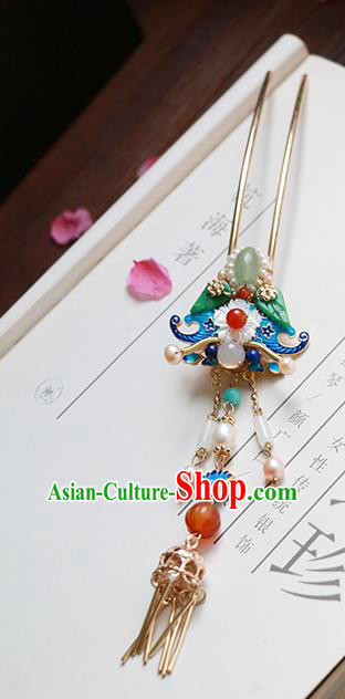 Chinese Classical Palace Blueing Bat Hair Stick Handmade Hanfu Hair Accessories Ancient Ming Dynasty Princess Jade Pearls Hairpins