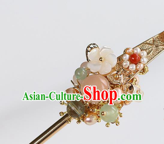 Chinese Classical Palace Golden Hair Stick Handmade Hanfu Hair Accessories Ancient Ming Dynasty Princess Chalcedony Hairpins