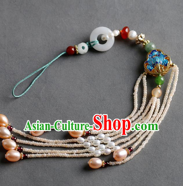 Chinese Handmade Classical Pearls Tassel Jewelry Accessories Ancient Ming Dynasty Hanfu Jade Blueing Brooch for Women