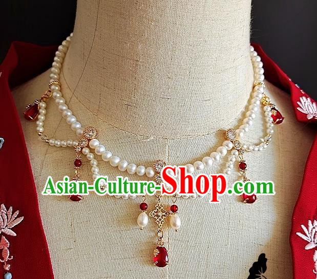 Chinese Handmade Ming Dynasty Red Crystal Necklet Classical Jewelry Accessories Ancient Princess Hanfu Pearls Necklace for Women