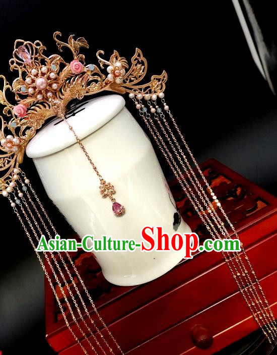 Chinese Classical Golden Phoenix Coronet Handmade Hanfu Hair Accessories Ancient Tang Dynasty Princess Hairpins Tassel Hair Crown