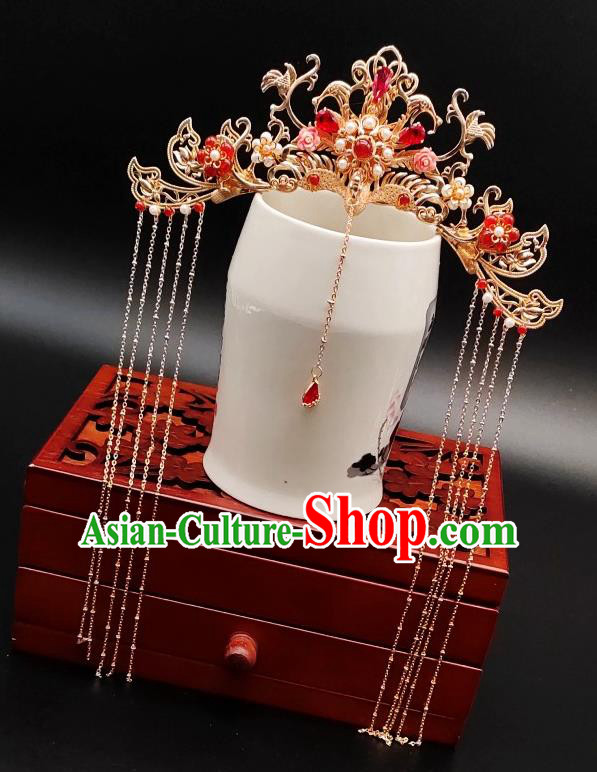 Chinese Classical Agate Phoenix Coronet Handmade Hanfu Hair Accessories Ancient Tang Dynasty Princess Hairpins Golden Hair Crown