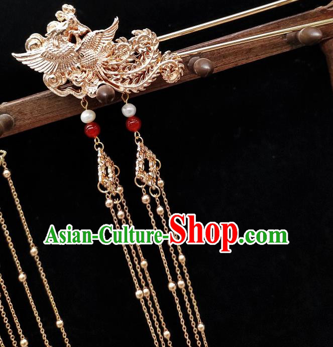Chinese Classical Golden Tassel Hair Stick Handmade Hanfu Hair Accessories Ancient Tang Dynasty Princess Phoenix Hairpins