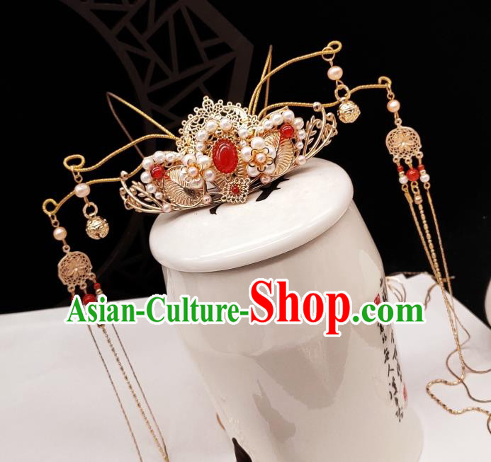 Chinese Classical Pearls Phoenix Coronet Handmade Hanfu Hair Accessories Ancient Tang Dynasty Princess Hairpins Tassel Hair Crown