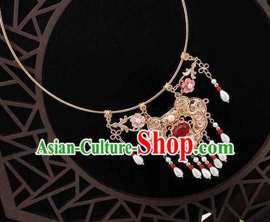 Chinese Handmade Ming Dynasty Hanfu Agate Necklet Classical Jewelry Accessories Ancient Princess Golden Longevity Lock Necklace for Women